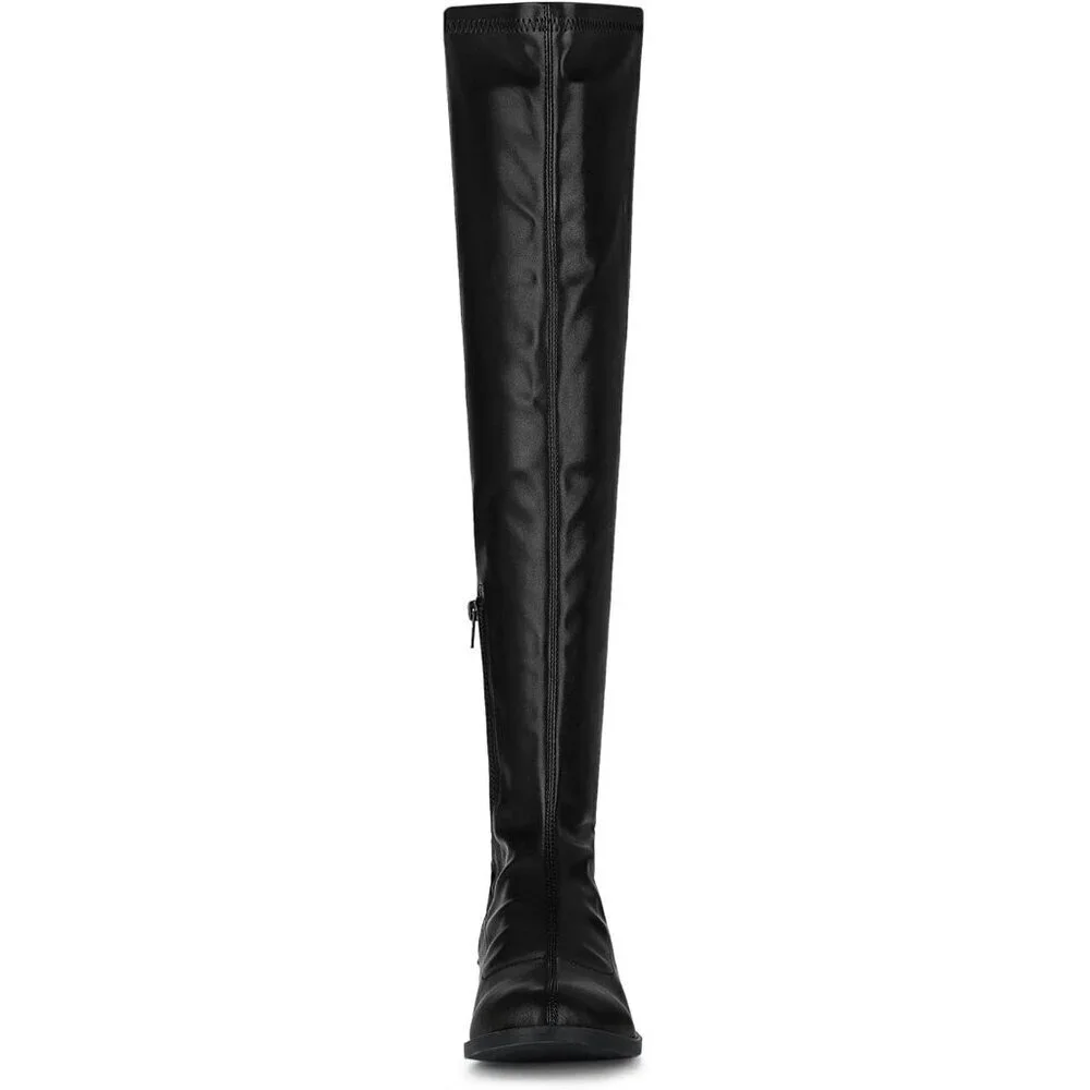 Women's Black Faux Leather Thigh High Low Block Heel Fashion Over the Knee Boots